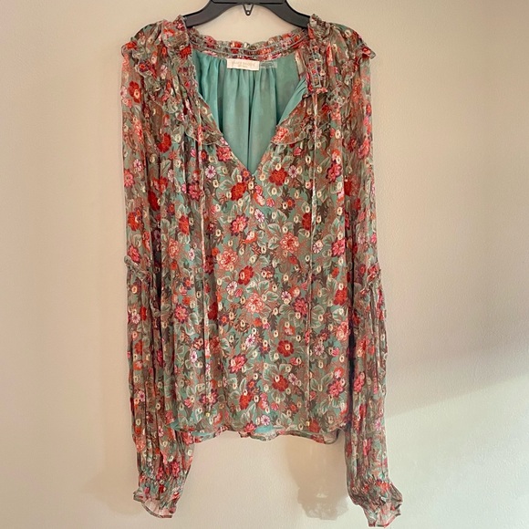 RAMY BROOKE Ryder Floral Blouson Sleeve V Neck Semi Sheer Blouse - Picture 2 of 11